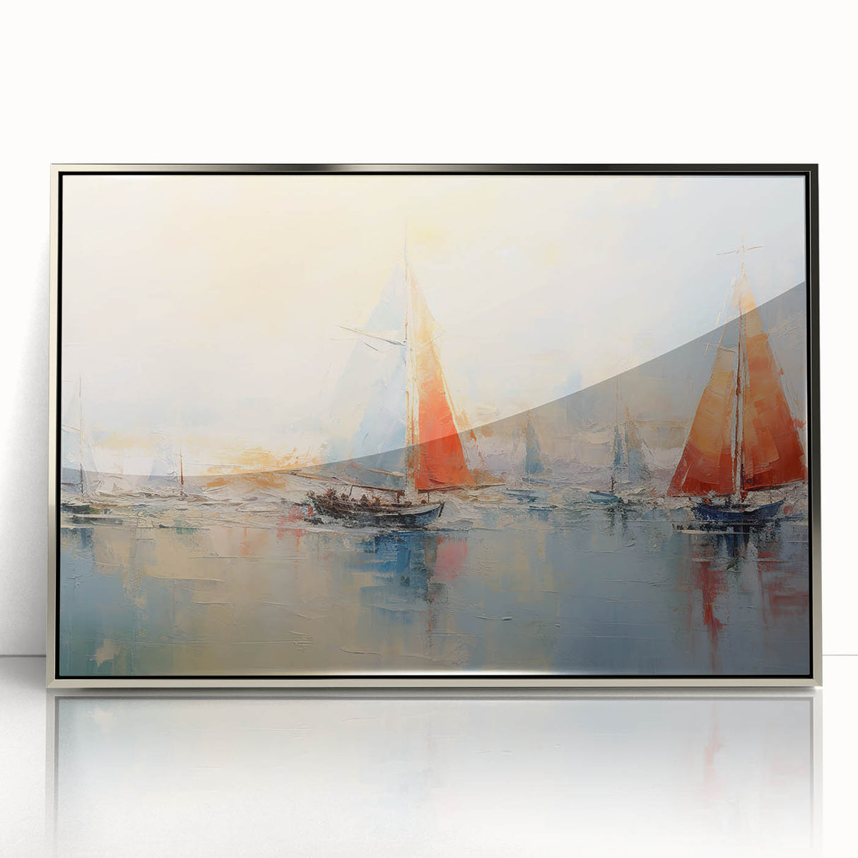 Art deco poster of a silver rowboat on acrylic, in muted blue tones, ideal for modern nursery wall art.