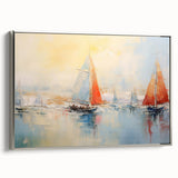 Vintage poster art of a rowboat on water, framed canvas in silver, featuring a black and colorful palette.