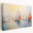 Rowboat on serene water printed on large stretched canvas, with soft blue and gray tones, suitable for kitchen wall art.