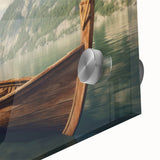 Large abstract mid-century modernist art print of a rowboat, in muted blue and gray tones on acrylic glass.