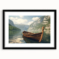Abstract art print of a rowboat in vibrant colors on a textured canvas, framed in black, suited for large living room walls.