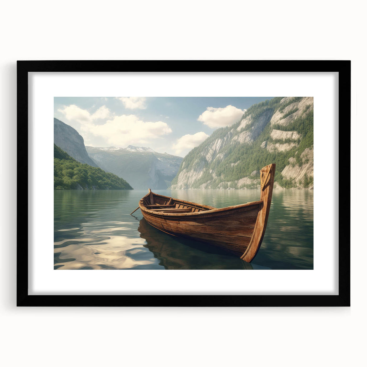 Abstract art print of a rowboat in vibrant colors on a textured canvas, framed in black, suited for large living room walls.