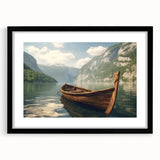 Abstract art print of a rowboat in vibrant colors on a textured canvas, framed in black, suited for large living room walls.