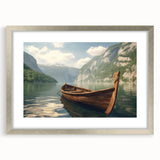 Abstract art print of a rowboat in muted gray and blue tones, framed in silver, ideal for dining room decor.