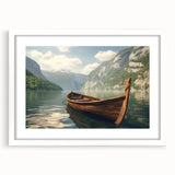 Extra large abstract art print featuring a textured rowboat, in muted earth tones on a white framed canvas.