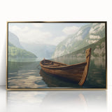 Mid-century modernist art deco poster featuring a rowboat, rendered in muted gold tones on framed acrylic.