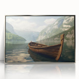 Art deco poster of a rowboat on calm waters, in muted blue and silver tones, framed acrylic.