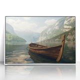 Mid-century modernist rowboat print in muted blues and grays, acrylic framed, suitable for nursery wall art.