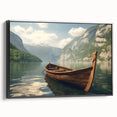 Black and white framed canvas featuring a vintage rowboat on calm waters, ideal for bedroom wall art.