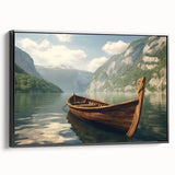 Black and white framed canvas featuring a vintage rowboat on calm waters, ideal for bedroom wall art.