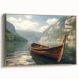 Framed canvas of a vintage rowboat on a lake, rendered in black with colorful reflections, perfect for living room decor.