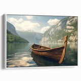 Framed canvas of a vintage-style rowboat on a calm lake, in muted black and white tones, ideal for bedroom wall decor.