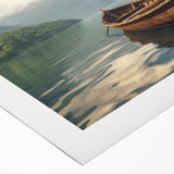 Art deco poster of a vintage rowboat on a muted blue and beige background, printed on rolled canvas.