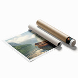 Extra large rolled print depicting a rowboat on water in muted blue and gray tones, suitable for classy bathroom wall art.