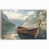 Black and white photo of a rowboat on water, printed on large stretched canvas, ideal for kitchen wall art.