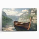 Black and white photograph of a rowboat on water, printed on large stretched canvas.