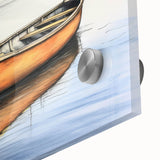 Large abstract wall art of a rowboat in muted earth tones on acrylic glass, suited for dining room ambiance.