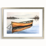 Abstract art print of a rowboat in muted blue and gray tones on a silver-framed mat, suitable for dining room decor.