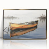 Mid-century modernist art featuring a rowboat in muted earth tones on a framed acrylic, ideal for nursery wall decor.