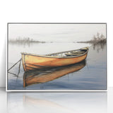 Mid-century modernist style rowboat on calm water, muted blue and white tones, framed acrylic, ideal for nursery wall art.