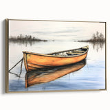 Framed canvas featuring a vintage-style landscape art painting of a rowboat on water.