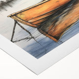 Art deco poster of a rowboat on calm water in muted blue tones on rolled canvas, suitable for dining room wall art.