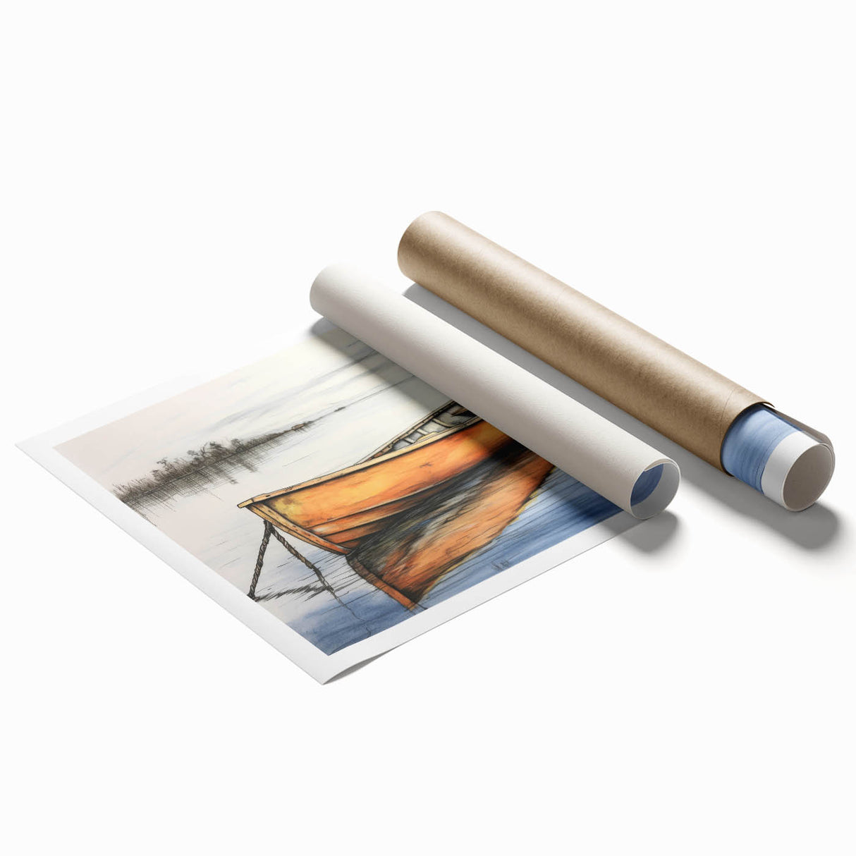 Extra large wall art featuring a rowboat on calm water, rendered in muted blues and grays, printed on rolled canvas.