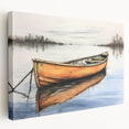 Rowboat on calm water acrylic print in muted blue and gray tones, ideal for kitchen wall art.
