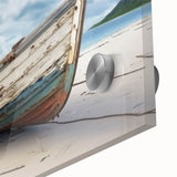Large abstract wall art of a rowboat in muted earth tones on acrylic glass, suitable for dining room decor.