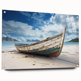 Acrylic print of a rowboat on a calm lake, rendered in muted blues and grays, suitable for bedroom or dining room decor.