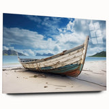Acrylic print of a rowboat on calm water in muted blue and gray tones, suitable for bedroom or dining room decor.