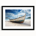 Abstract art print of a rowboat in vibrant blues and oranges on a textured canvas.