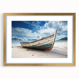 Abstract textured art of a rowboat in muted blue and white tones on a framed gold canvas, suitable for bedroom decor.