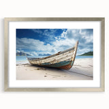 Abstract art print of a rowboat in muted blue and gray tones on a silver-framed canvas, suitable for dining room decor.