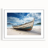 Extra large abstract art print of a rowboat, featuring textured blue and white hues on a framed canvas.