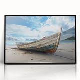 Large abstract wall art featuring a rowboat in muted earth tones on framed acrylic, ideal for a modern living room.