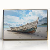 Mid-century modernist style acrylic print featuring a solitary rowboat in muted blue and gray tones.