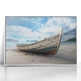 Mid-century modernist art featuring a rowboat on calm waters, with muted blue and gray tones, in a white acrylic frame.