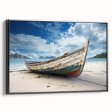 Black and white framed canvas of a vintage rowboat in a calm lake, ideal for bedroom wall art.