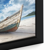 Extra large framed canvas featuring a close-up of a textured, colorful rowboat on a black background.