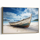 Framed canvas featuring a vintage-style rowboat on a lake, rendered in vibrant colors against a black background.