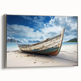 Vintage poster art featuring a rowboat, rendered in black and colorful art on an extra large framed canvas.