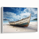 Framed canvas of a vintage-style black rowboat on a calm lake, ideal for bedroom wall art.