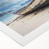 Art deco poster of a rowboat on water, in muted blue and gray tones on rolled canvas, suitable for dining room wall art.