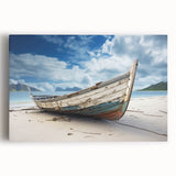 Black and white photo of a solitary rowboat on calm water, printed on large stretched canvas, ideal for kitchen wall art.