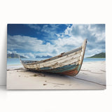 Black and white photo of a rowboat on water on stretched canvas, suitable as large kitchen or bedroom wall art.