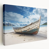 Rowboat on tranquil water printed on large stretched canvas, in soft blue and gray tones, ideal for kitchen wall art.