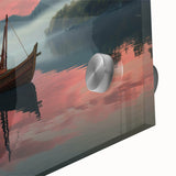 Mid-century modernist style acrylic print of an abstract rowboat, featuring muted blue and gray tones.