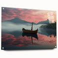 Acrylic print of a rowboat on a calm lake in muted blue and gray tones, ideal for bedroom or dining room decor.