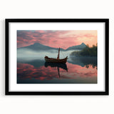 Extra large abstract art print of a colorful rowboat, textured in style, on a black framed canvas.